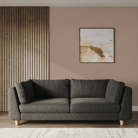 lifestyle image of chunky grand sofa in moleskin fabric with light beech feet