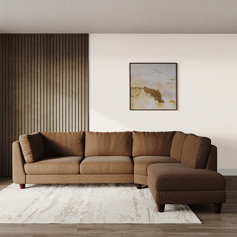 lifestyle image of chunky left corner sofa in kiln with dark beech legs