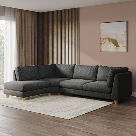 lifestyle image of chunky right sofa in moleskin fabric with light beech legs