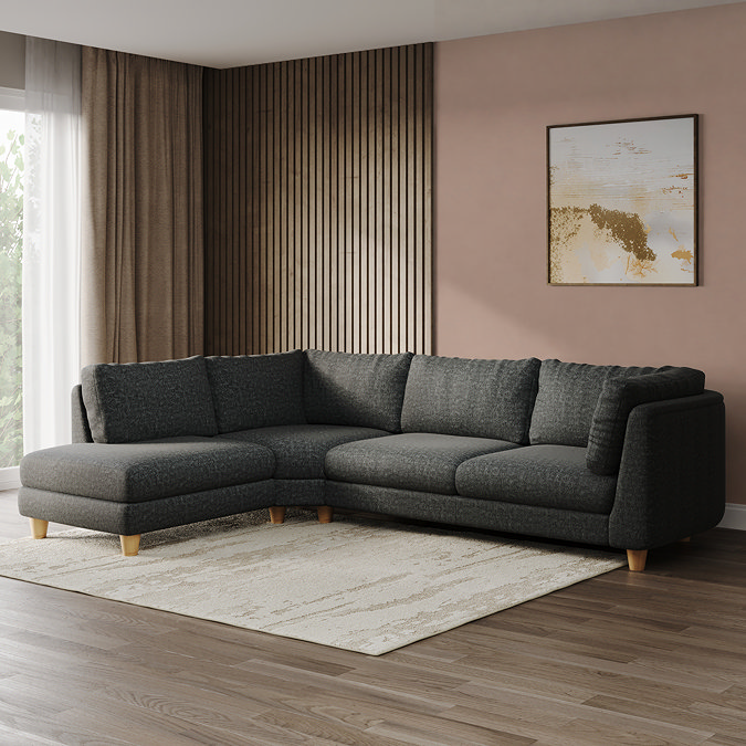 lifestyle image of chunky right sofa in moleskin fabric with light beech legs