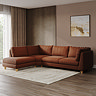 lifestyle image of chunky right sofa in pumpkin fabric with light beech legs