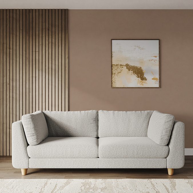 lifestyle image of chunky grand sofa in cocoon boucle with light beech feet