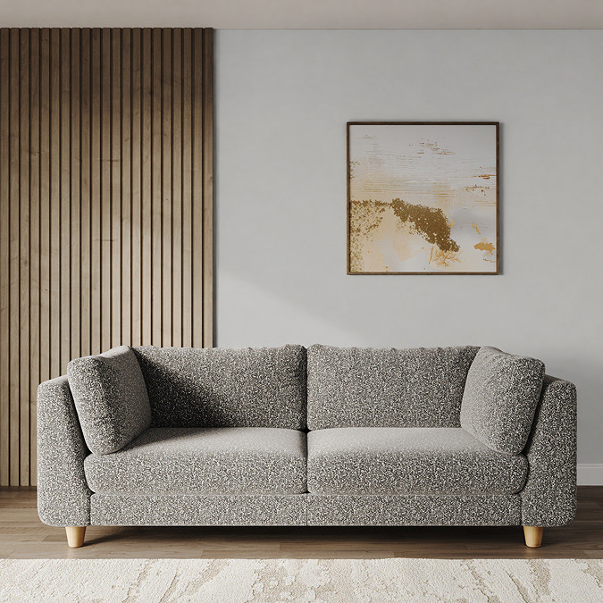 lifestyle image of mist boucle grand sofa with light beech feet