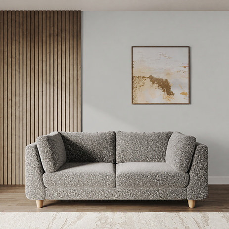 lifestyle image of large mist boucle sofa with light beech feet
