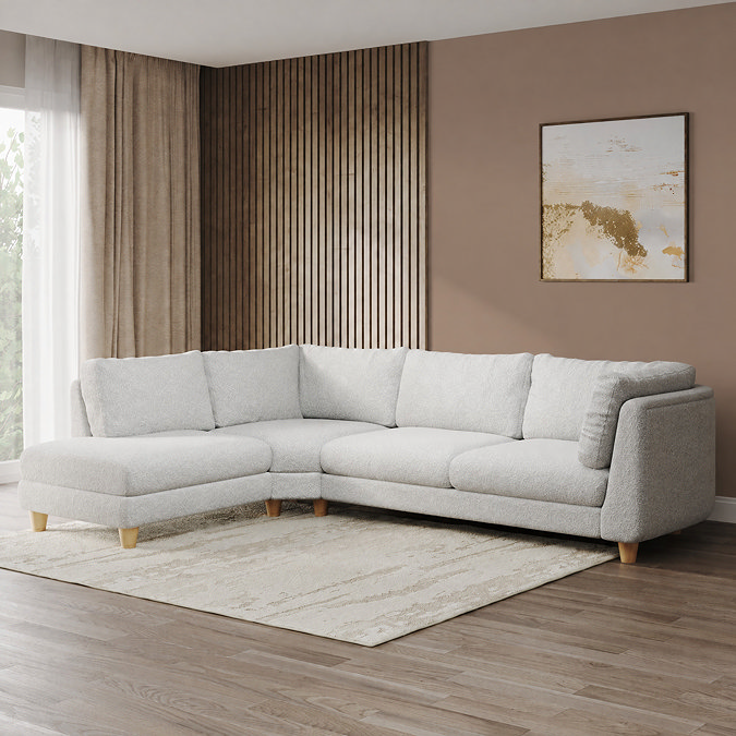 lifestyle image of chunky right sofa in cocoon fabric with light beech legs