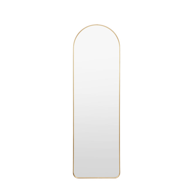 image cut out on white background of full length gold mirror with rounded top