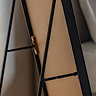 close up image of MDF backed mirror, with sleek metal support stand