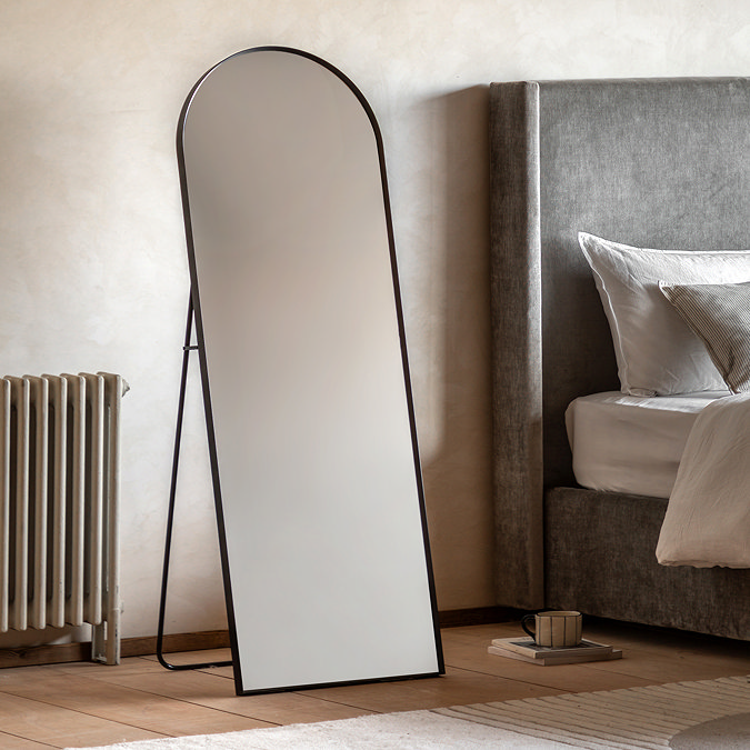 image of 150cm tall mirror with rounded top and discreet metal stand behind it