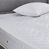 close up on microfibre texture of mattress protector on top of a bed