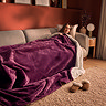 image of woman lying on sofa, covered in large burgundy red blanket