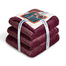 burgundy red blanket folded up and wrapped in ribbon and cardboard packaging, image cut out on white background