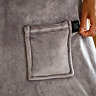 close up on pocket of large grey blanket where controllers are hidden