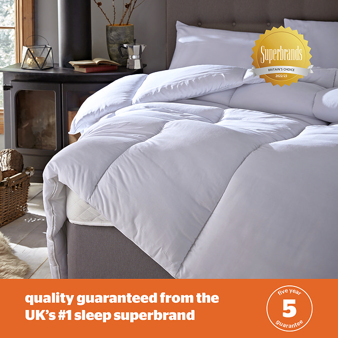 image of 15 tog duvet on bed with superbrands gold sticker on top and banner 'quality guaranteed from the UK's #1 sleep superbrand'