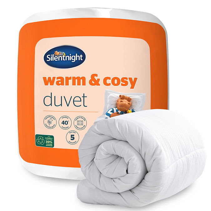 image of 15 tog warm and cosy duvet in orange packet, with duvet rolled up outside of packet
