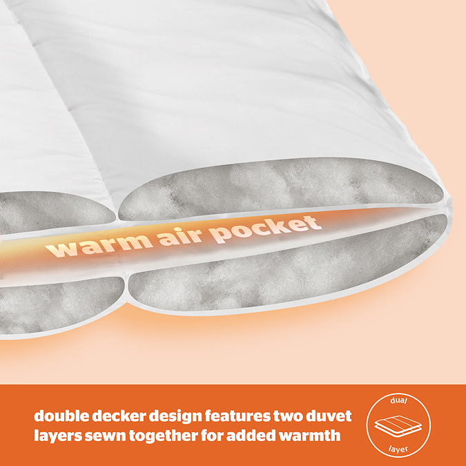 image of duvet open to reveal material inside, with words "warm air pocket" to highlight heat retaining feature