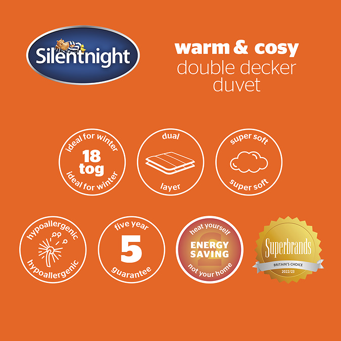 image of orange information page outlining silentnight double decker duvet features, such as super soft, hypoallergenic, energy saving, and 5 year guarantee