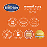 image of orange information page outlining silentnight double decker duvet features, such as super soft, hypoallergenic, energy saving, and 5 year guarantee