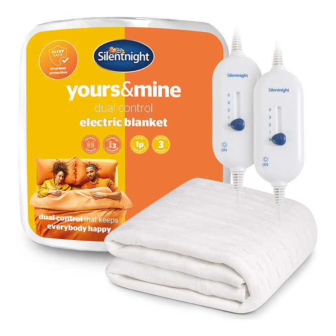 image of electric blanket folded up outside its orange packet, with two controllers displayed above