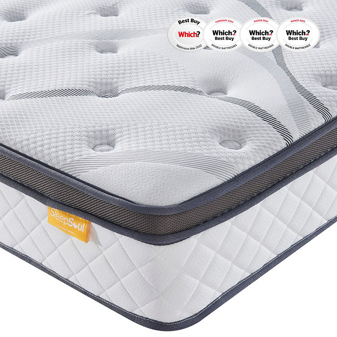 image cut out on white background of mattress corner with 'which?' approved badges in corner