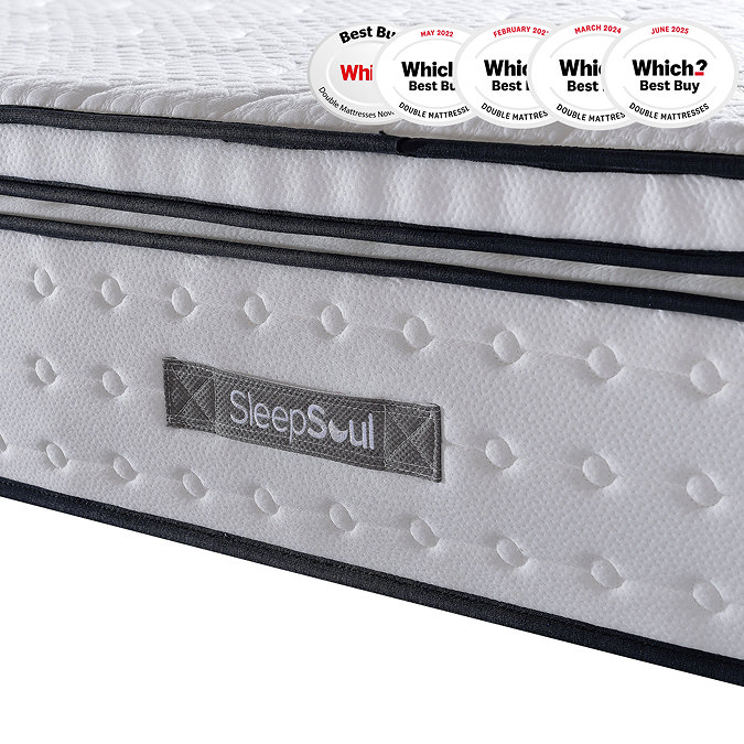image cut out on white background of side of deep mattress with sleepsoul logo sewn into side