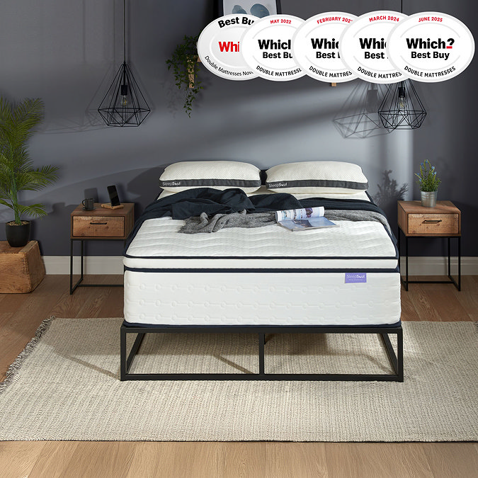 front on image of deep double mattress on metal bedframe against slate grey wall, with 'which?' winning banners in the top right corner