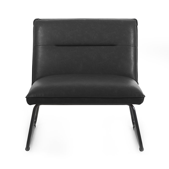 front on image of black squared faux leather lounge chair with metal legs
