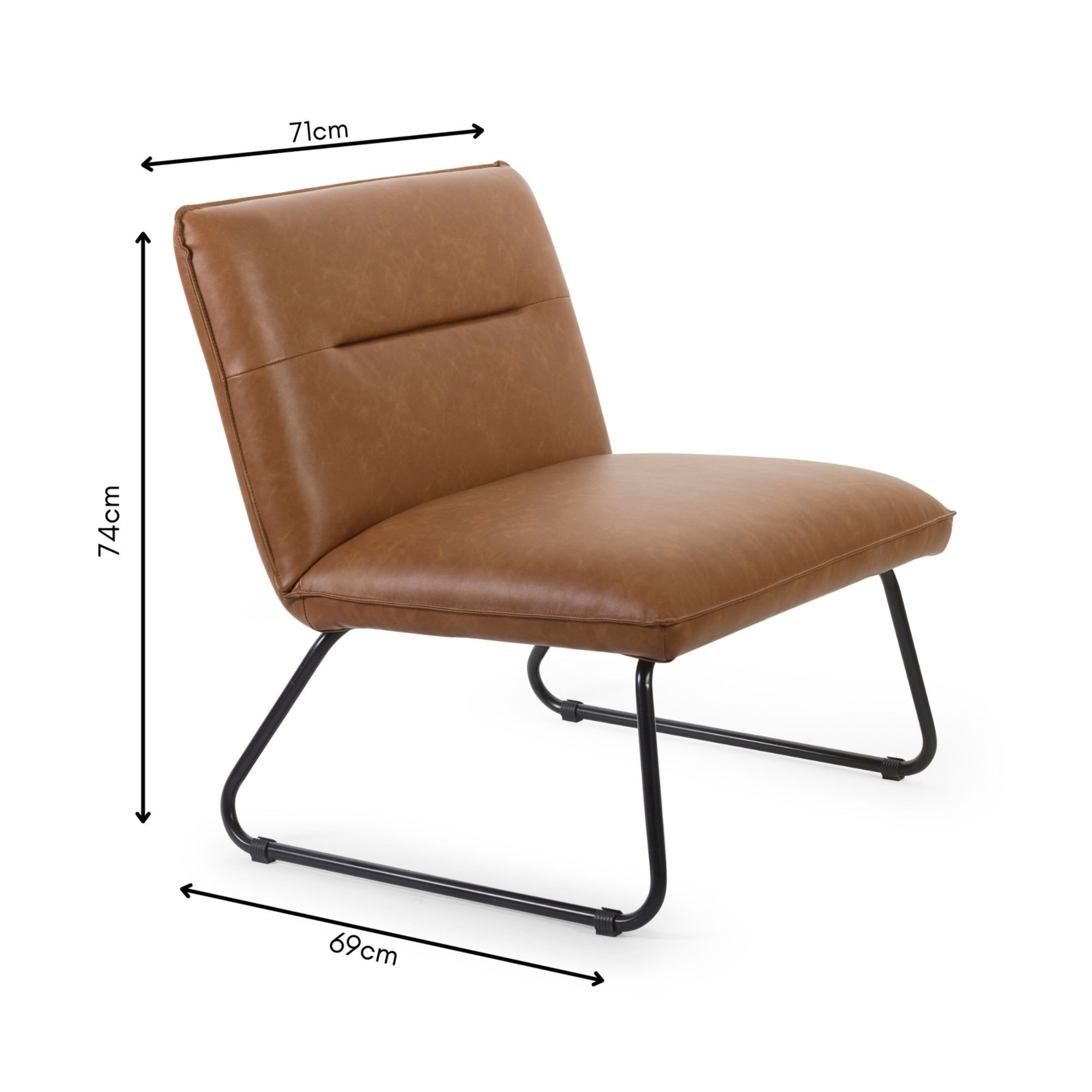 image cut out on white background of faux leather brown accent chair with black arrow line dimensions
