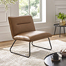 image of square brown faux leather lounge chair with black metal legs, on beige rug of modern living room