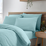 side-on image of duck egg blue duvet cover set with matching fitted sheet and pillowcases
