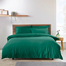 front image from the foot of the bed of a teal green duvet cover set