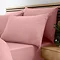 side-on close up image of bed with coral pink fitted sheet and matching pillowcases