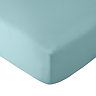close up image on corner of mattress covered by duck egg blue fitted sheet