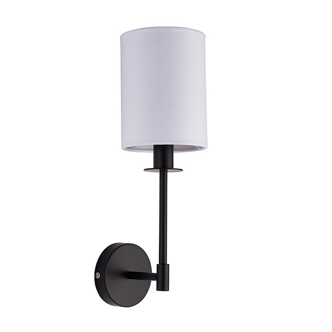 image cut out on white background of wall light with cylindrical shade and matt black arm