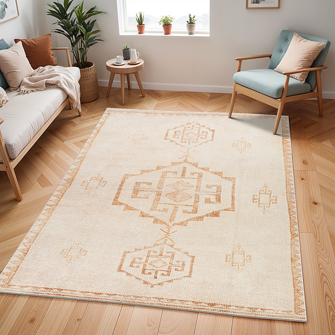 image of ivory rug with burnt orange modern scandi print, on wood flooring of apartment