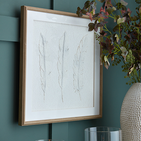 Solli White Feathers art mounted in beaded frame