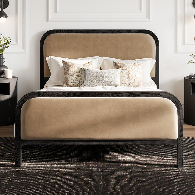 close up image of black bedframe with mole coloured padded headboard