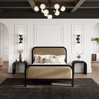 wide image of mole brown and black slatted bed in modern bedroom