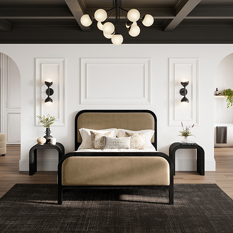 wide image of mole brown and black slatted bed in modern bedroom