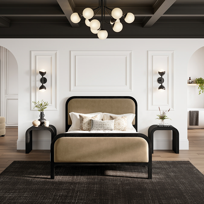 wide image of mole brown and black slatted bed in modern bedroom