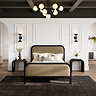 wide image of mole brown and black slatted bed in modern bedroom