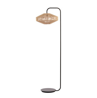 image of tall floor lamp with black metal body and jute geometric shade