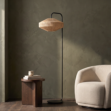 close up image of woven jute head of floor lamp