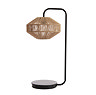 image cut out on white background of table lamp with black metal body and woven jute shade