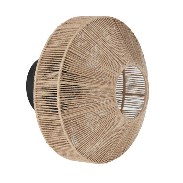 side-on image of natural woven wall light with black iron wall fixture, with front gap where bulb will emit light from