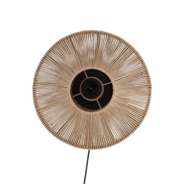 image cut out on white background of circular woven natural coloured wall light with bulb turned off