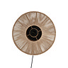 image cut out on white background of circular woven natural coloured wall light with bulb turned off