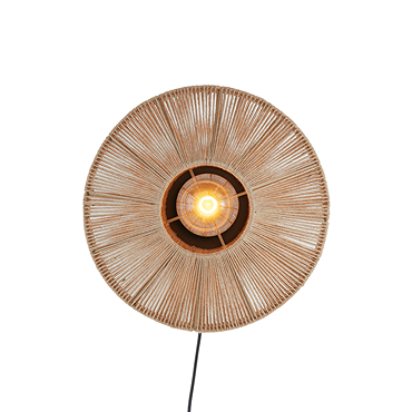 image cut out on white background of circular woven natural coloured wall light with bulb turned off