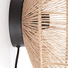 close up image of the back of woven rattan light with iron detailing