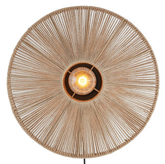 image cut out on white background of woven circular wall light with central bulb emitting warm glow