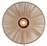 image cut out on white background of woven circular wall light with central bulb emitting warm glow